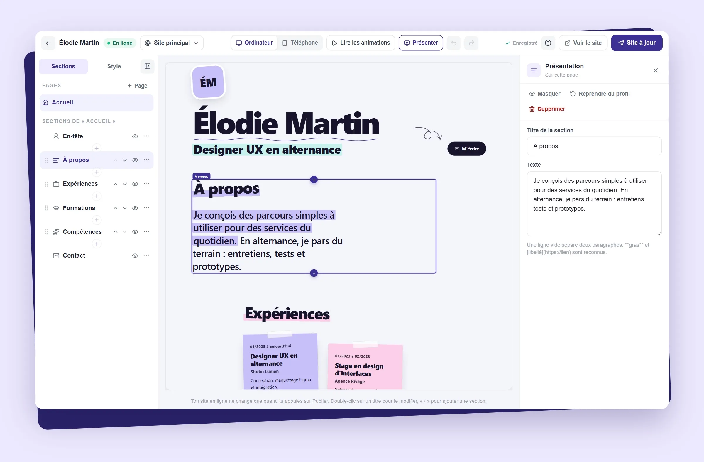 L'éditeur de portfolio Joblio : sections à gauche, aperçu du site au centre, réglages de la section à droite