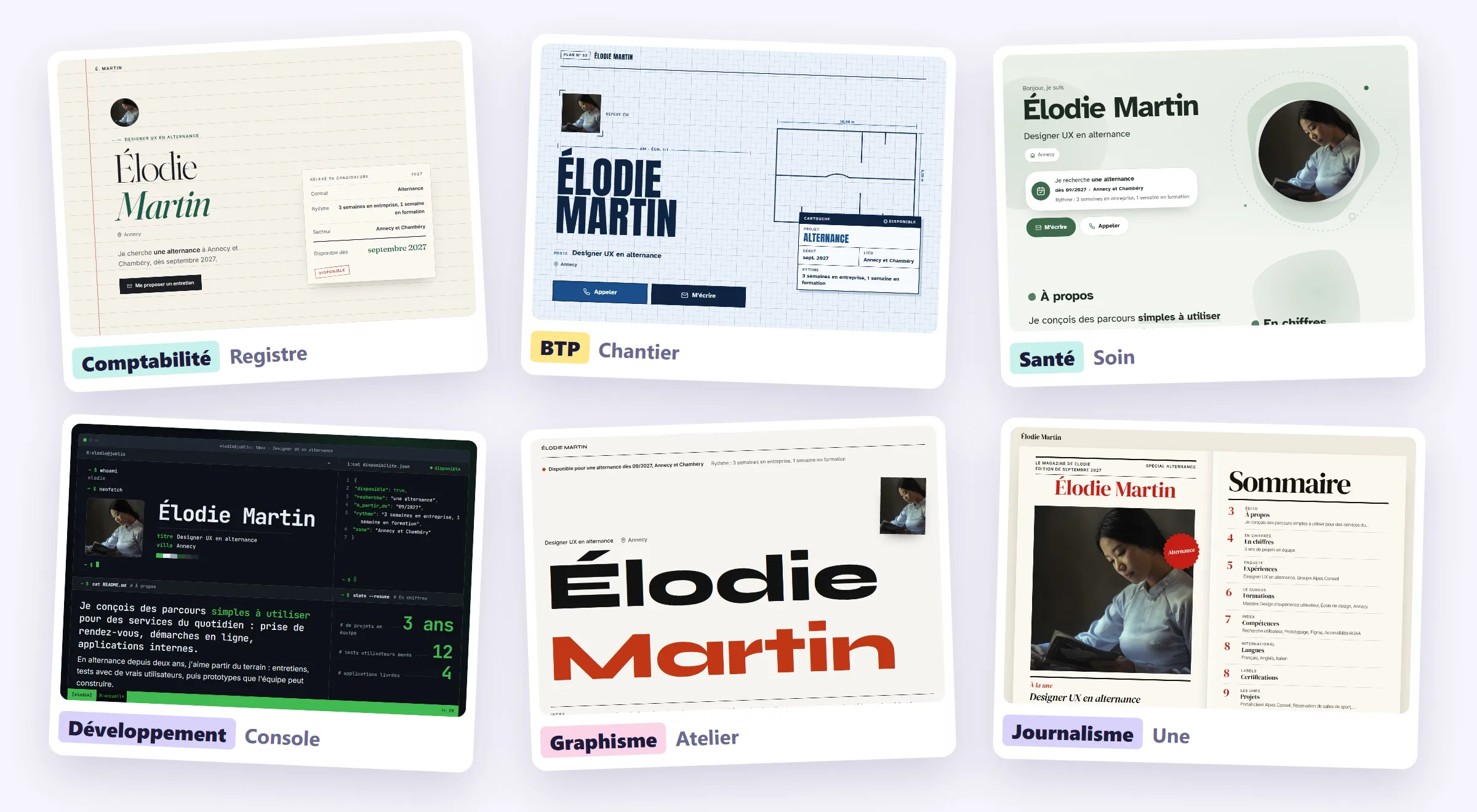 Six modèles de portfolio Joblio : Registre pour la comptabilité, Chantier pour le BTP, Soin pour la santé, Console pour le développement, Atelier pour le graphisme, Une pour le journalisme