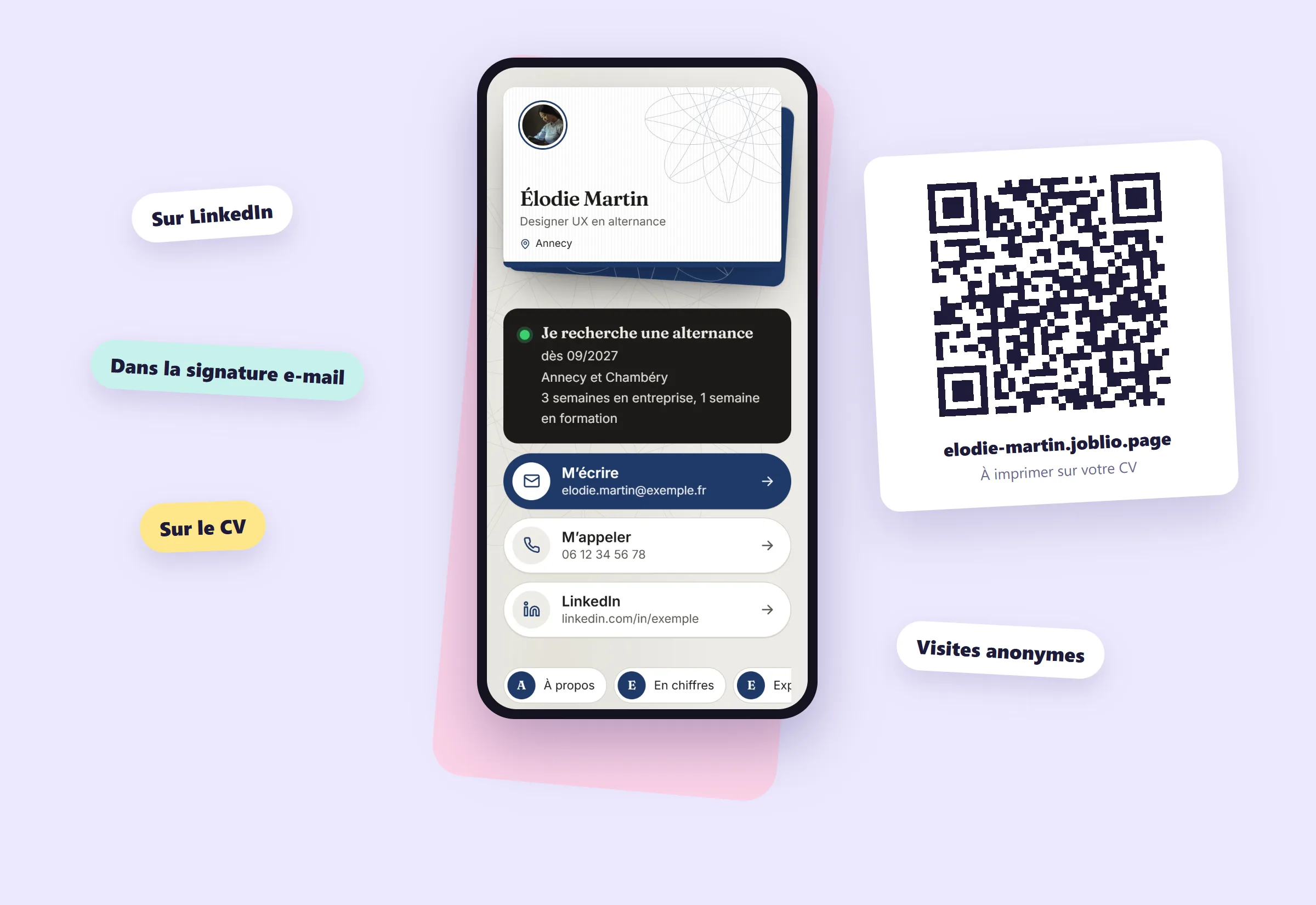 Portfolio Joblio sur téléphone avec son QR code à imprimer, à partager sur LinkedIn, dans la signature e-mail et sur le CV