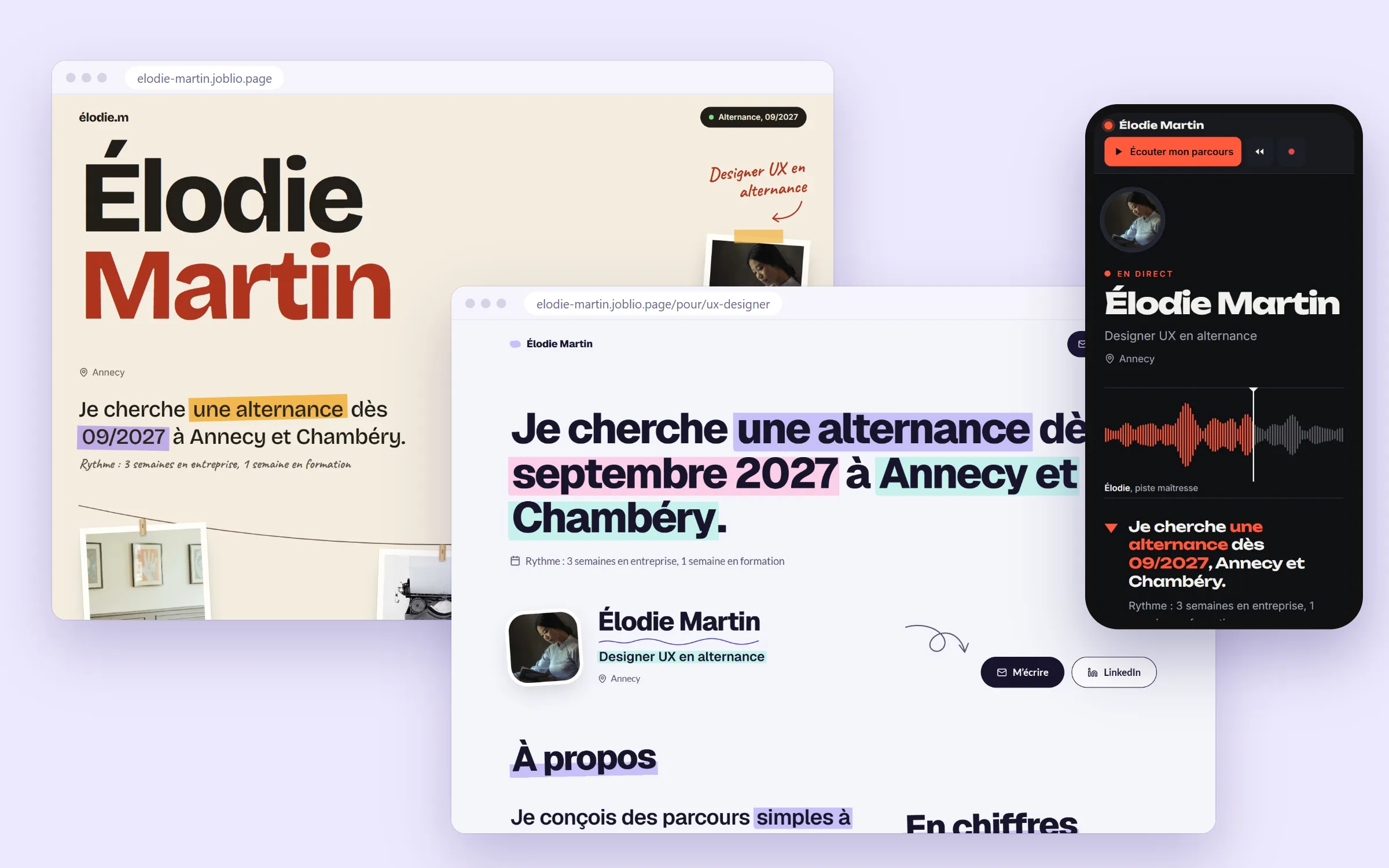 Trois sites portfolio créés avec Joblio pour une designer UX en alternance : version ordinateur, version ciblée pour un poste et version téléphone